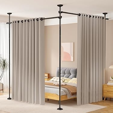 Floor to Ceiling Room Divider System with Beige Curtains