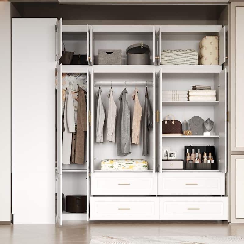 Floor to Ceiling Wardrobe Closet in White with Slim Gold Handles.