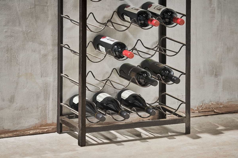 Floor Wine Rack, Industrial Iron Frame, Mango Wood Base, Wavy Bottle Rests
