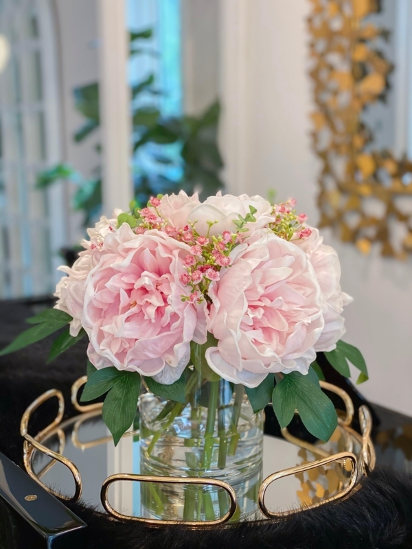 Floral Arrangement Acrylic Water Illusion Blush Peonies on Gold Tray
