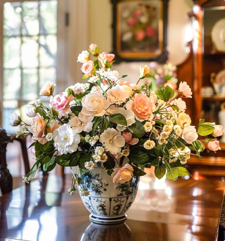 Floral Arrangement Blue and White Chinoiserie Porcelain Vase Peach Silk Blooms