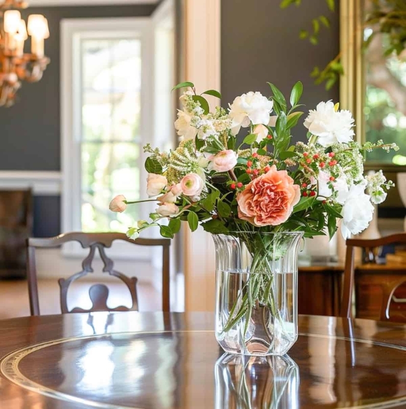Floral Arrangement Fluted Glass Vase Peach and White Blooms Traditional Dining