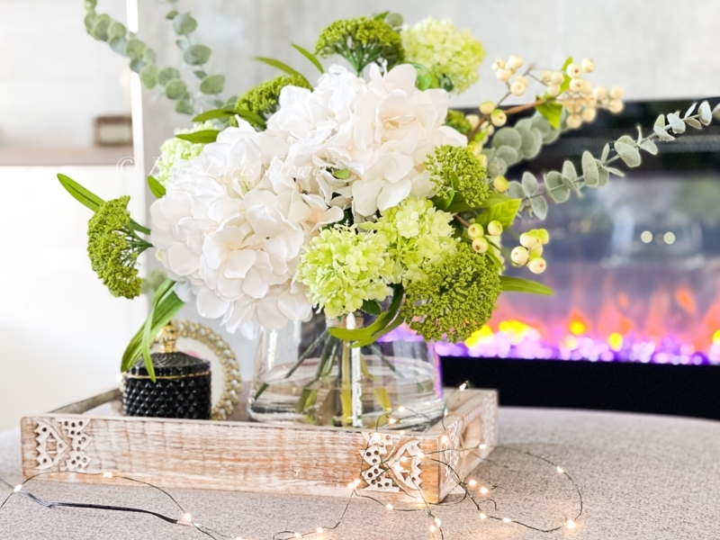 Floral Arrangement in Carved Wooden Tray with Hydrangeas Fairy Lights