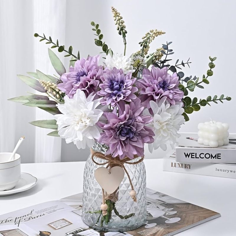 Floral Arrangement Lavender Dahlia Blooms Diamond Textured Glass Heart Tag