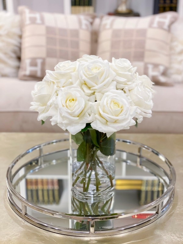 Floral Arrangement Mirrored Tray Display Creamy White Roses Modern Glam