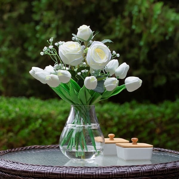 Floral Arrangement, Mixed Blooms, Tapered Vase, Faux Water, White