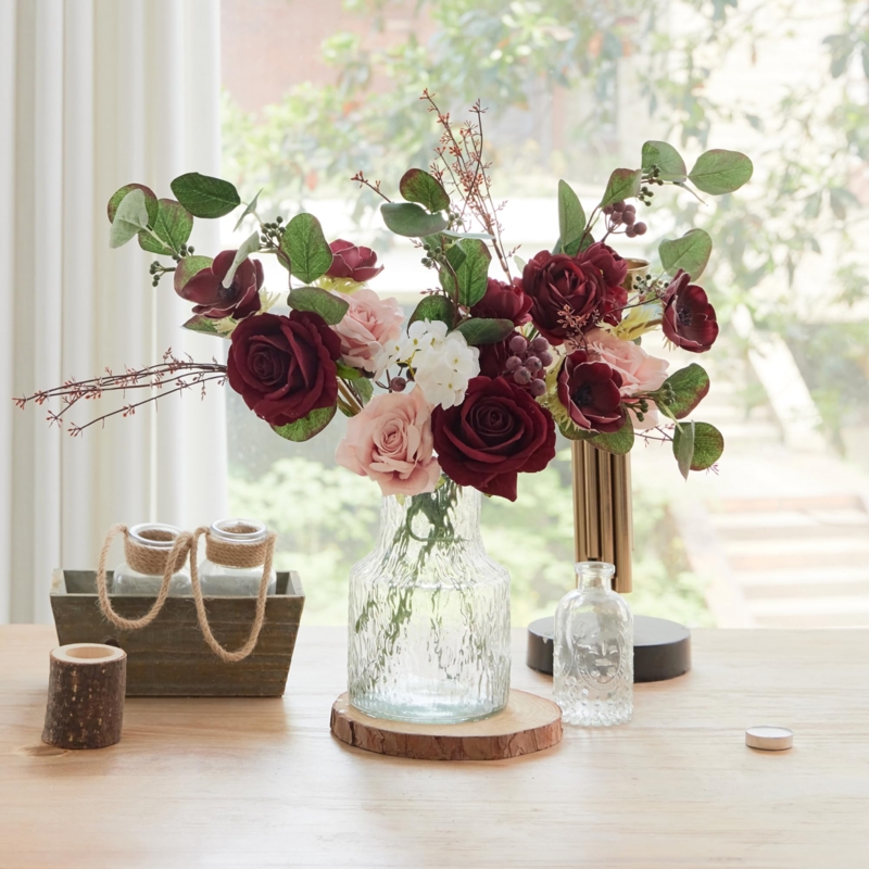 Floral Arrangement on Wood Slice Riser with Burgundy Roses Rustic Decor