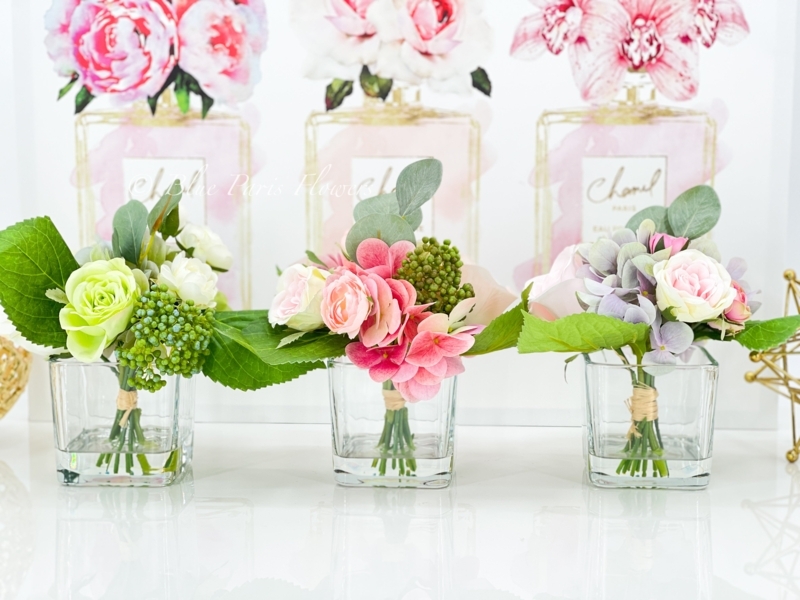 Floral Arrangement Pastel Trio Square Glass Vases Raffia Wrapped Stems