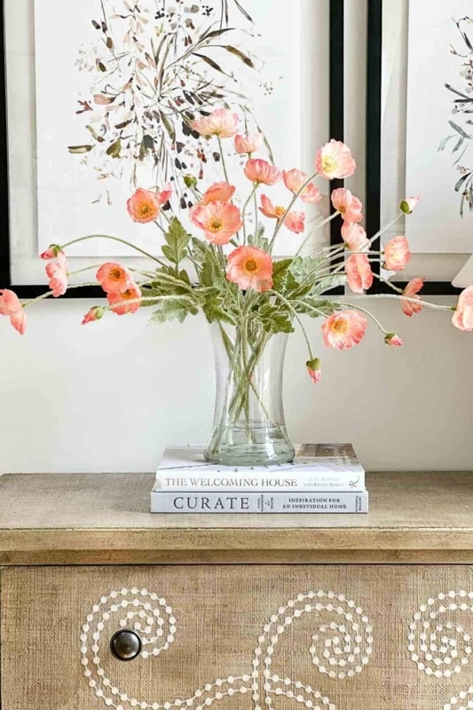 Floral Arrangement Peach Poppies Flared Glass Vase Stacked Book Vignette Decor