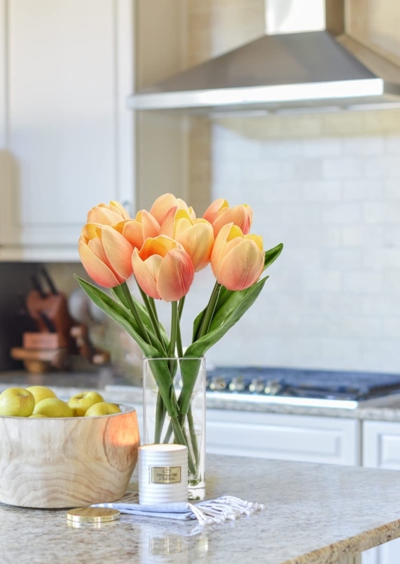 Floral Arrangement, Peach Tulips, Clear Cylindrical Vase, Kitchen Decor