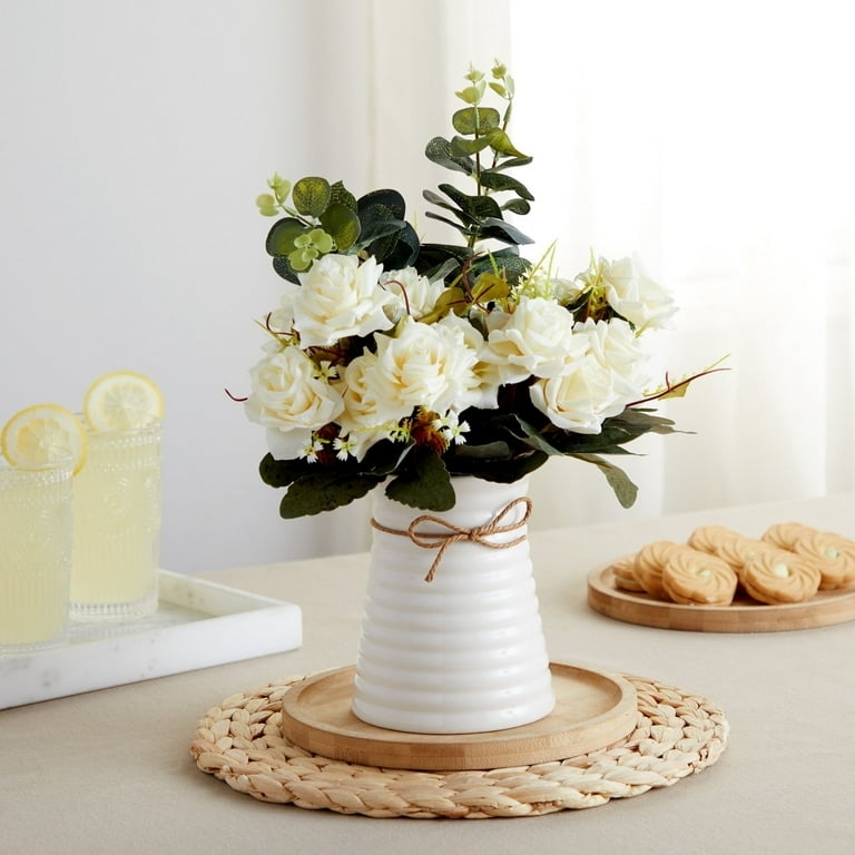 Floral Arrangement Ribbed White Ceramic Vase Twine Bow Accent Creamy Roses Style