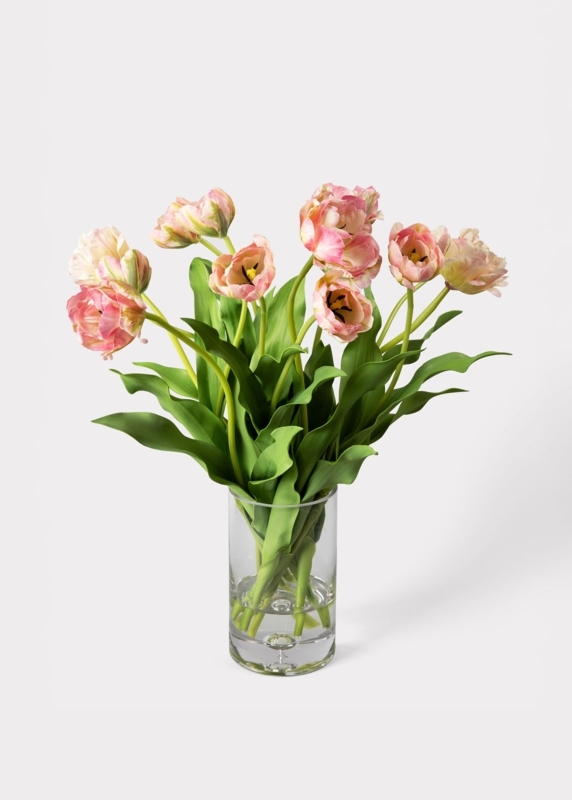 Floral Arrangement, Ruffled Double Tulips, Clear Cylinder Vase, Mauve