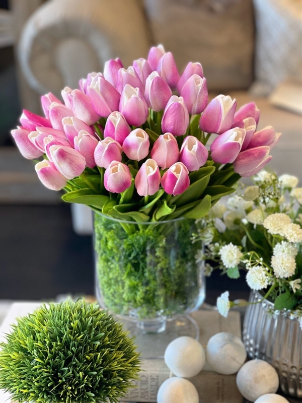 Floral Arrangement, Two-Tone Pink, Moss Filled Glass Vase, Spring Decor