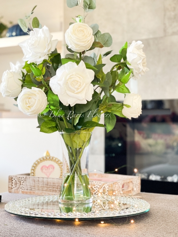 Floral Arrangement White Real Touch Roses Mirrored Beaded Tray Fairy Lights Decor