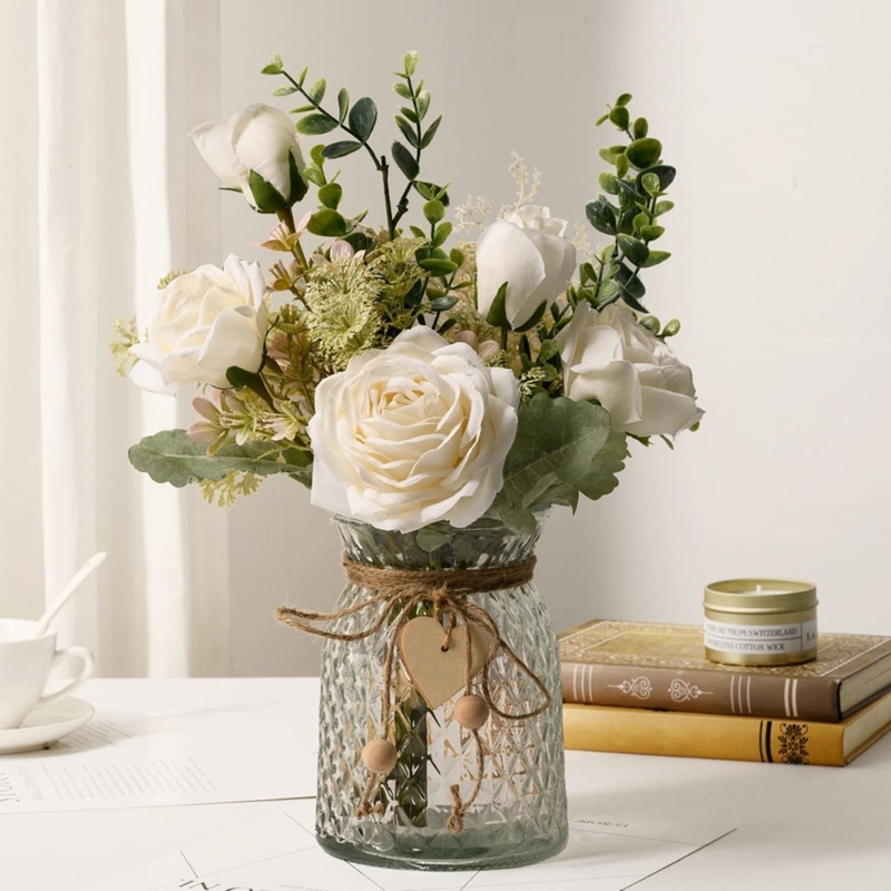 Floral Arrangement White Silk Roses Diamond Quilted Glass Beaded Twine Accent