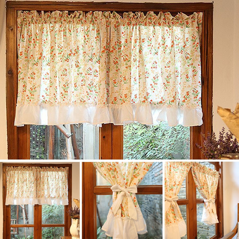 Floral Cafe Drapes, Apricot Print with Ruffled Bottom Hem