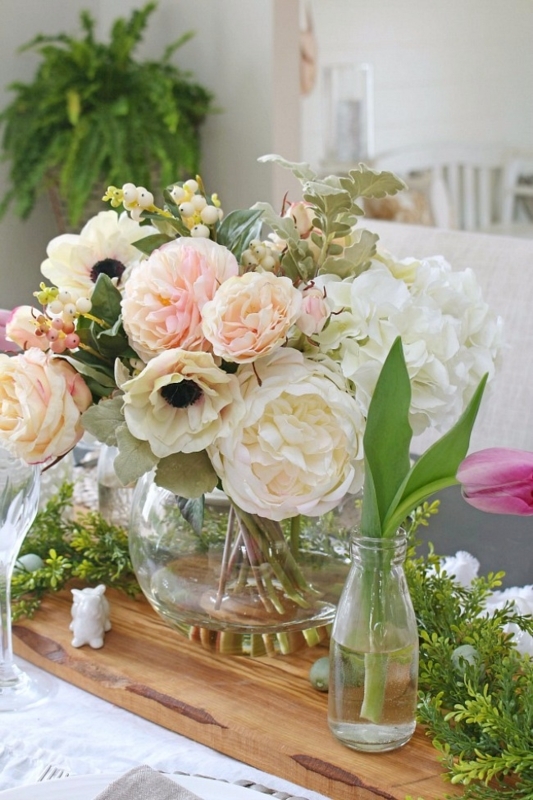 Floral Centerpiece Clear Glass Bowl Vase Wood Riser Mixed Anemone Blooms Decor