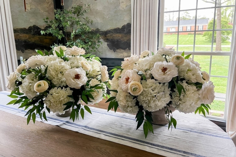 Floral Centerpiece Oversized Blooms in Low Profile Vessel Cottage Decor