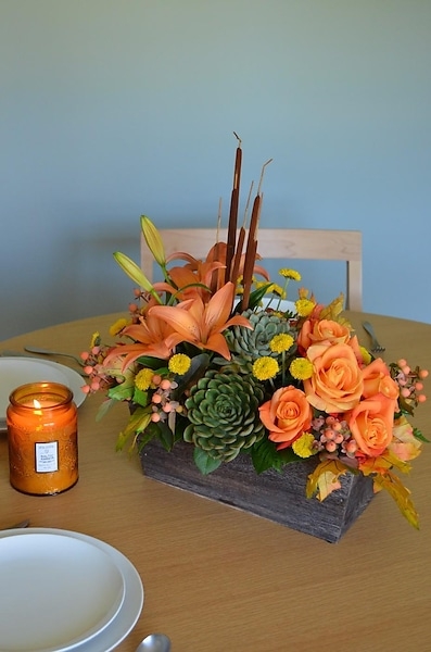 Floral Centerpiece Succulent Accents Weathered Wood Planter Harvest