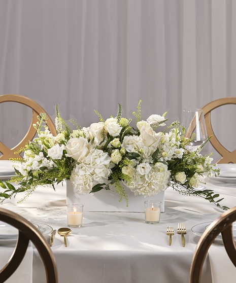 Floral Centerpiece White on White Low Profile Garden Style Wedding Decor