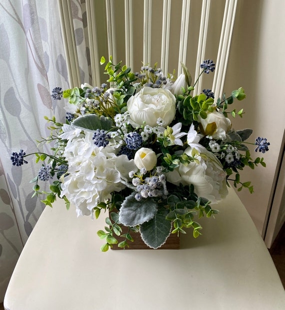 Floral Centerpiece with Lambs Ear Foliage in Wooden Planter Box