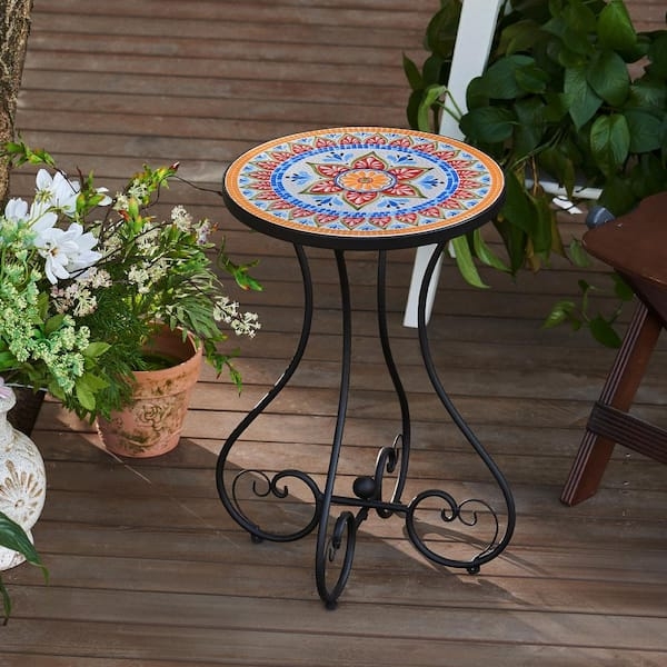 Floral Mosaic Side Table Scrollwork Base Curved Steel Legs
