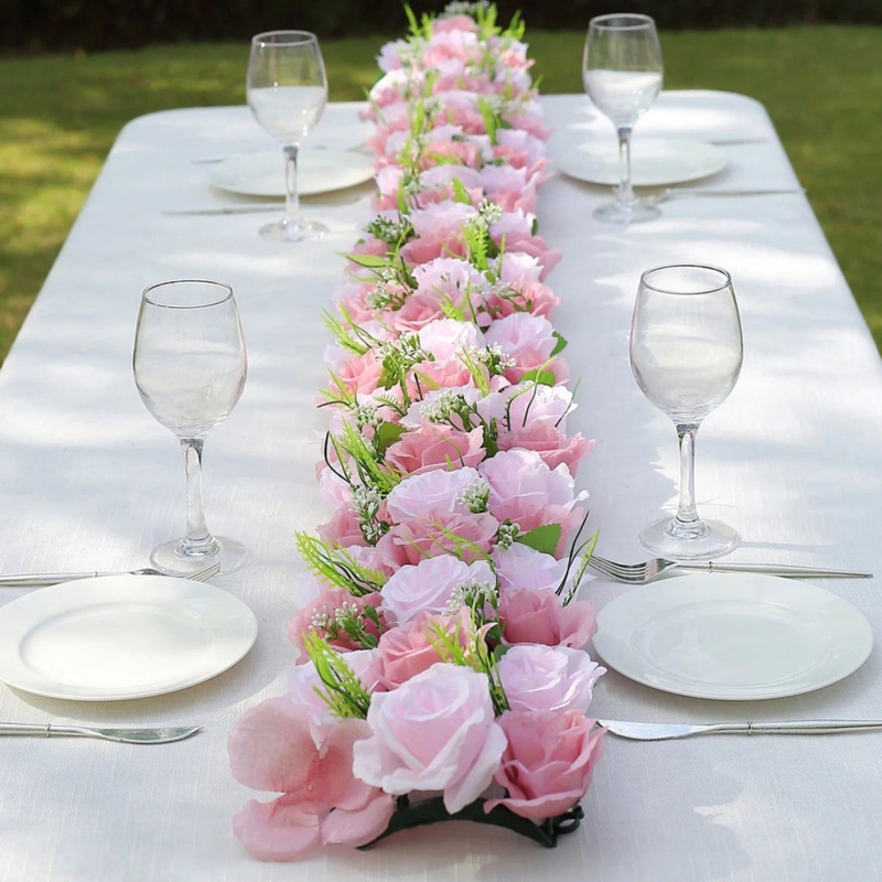 Floral Table Runner Blush Pink Roses Low Profile Garden Wedding Decor