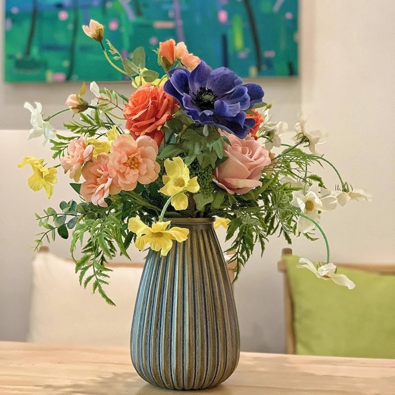 Flower Arrangement Cobalt Anemone Focal in Ribbed Ceramic Vase Eclectic