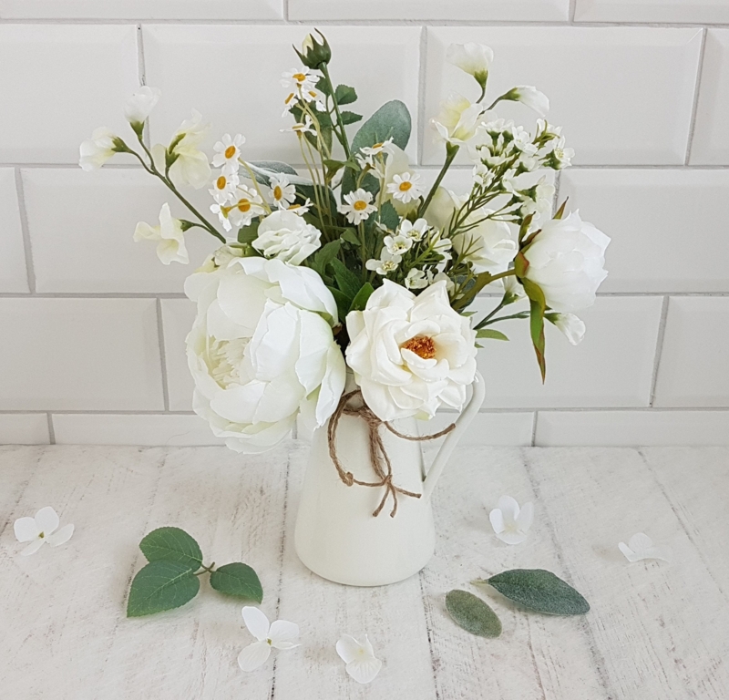 Flower Arrangement Cream Ceramic Pitcher Jug Twine Accent Mixed White Farmhouse