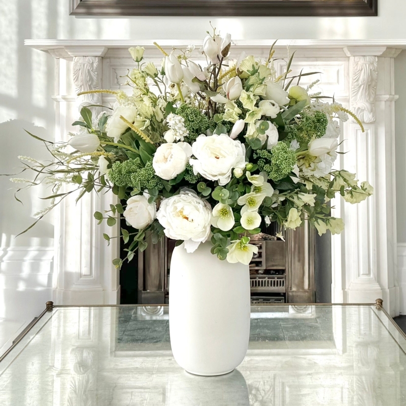 Flower Arrangement Large Scale Matte White Ceramic Vase Lush Greenery Decor