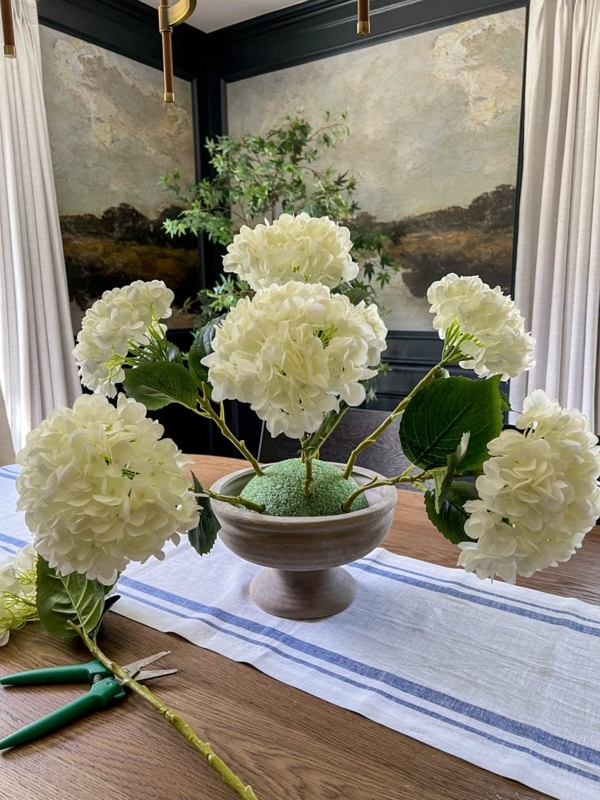 Flower Arrangement Pedestal Compote Bowl White Hydrangeas Organic Modern