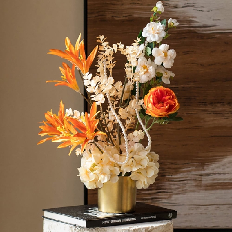 Flower Arrangement Polished Gold Ceramic Vase Draped Pearls Orange Lilies Glam