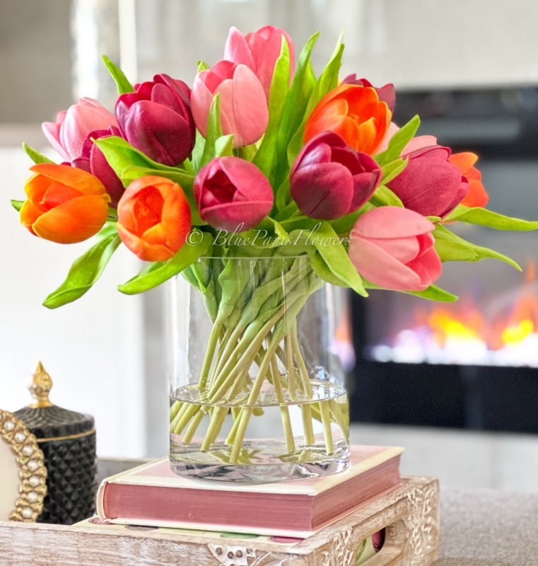 Flower Arrangement Real Touch Tulips Illusion Water Resin Clear Vase Sunset Hues
