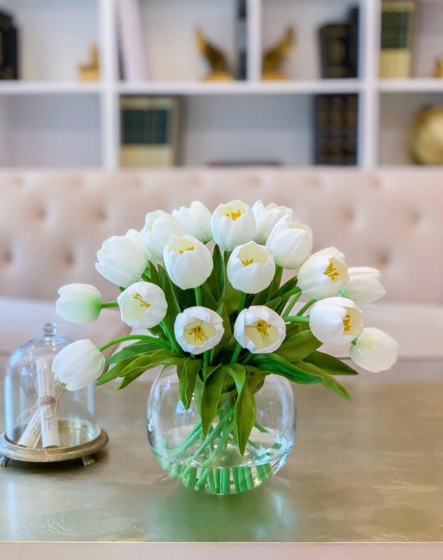Flower Arrangement, Spherical Vase, Real Touch Texture, White Tulips