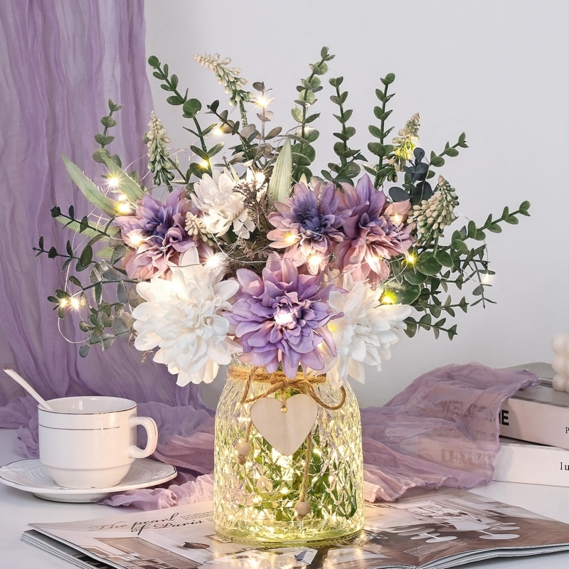 Flower Arrangement with Integrated LED Lights Textured Glass Wooden Heart Centerpiece