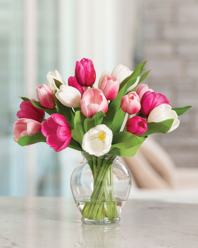 Flower Bouquet, Mixed Bloom Colors, Bulbous Base Vase, Pink Tulips