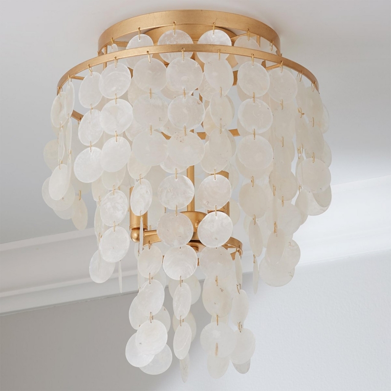 Flush Mount Light featuring Tiered Capiz Shells and Warm Gold Rings