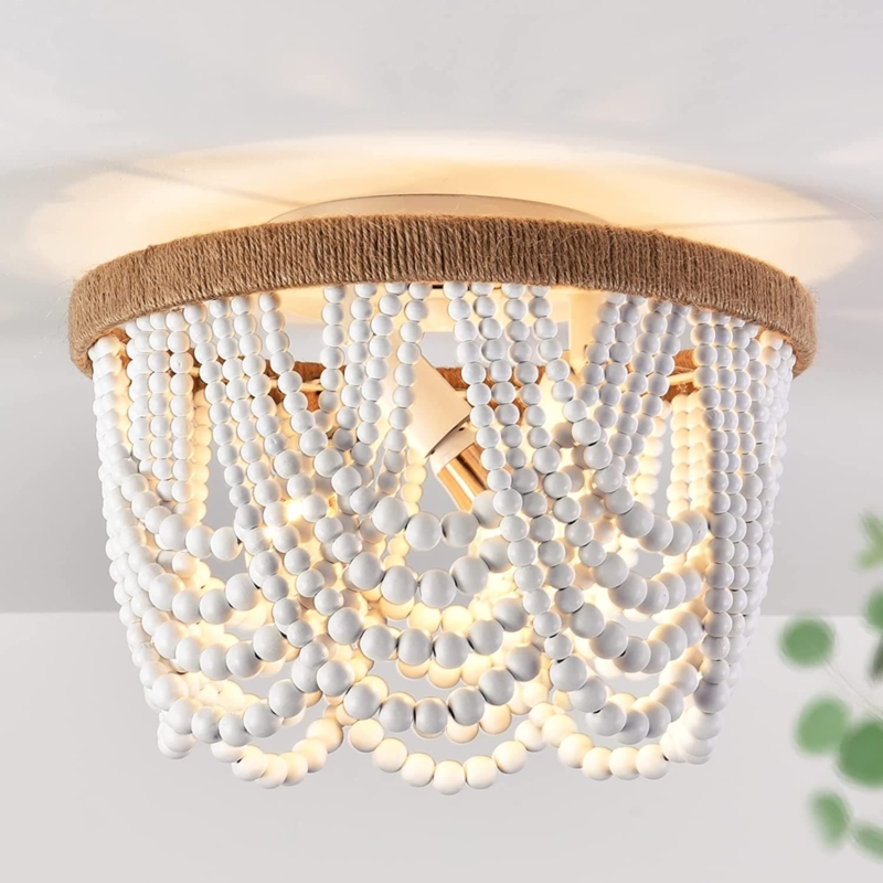 Flush Mount Light: White Wood Beads Jute Wrapped Rim Scalloped Edge