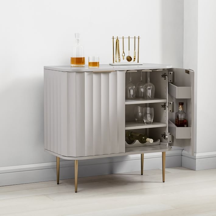 Fluted Bar Cabinet with Curved Silhouette & Gold Legs