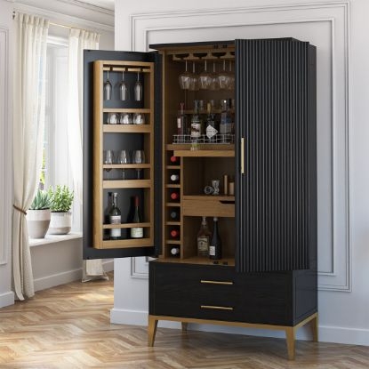 Fluted Black Bar Cabinet with Gold Tapered Legs