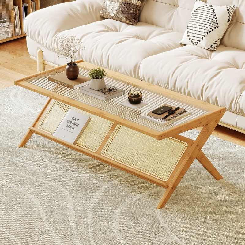 Fluted Glass X-Frame Coffee Table with Rattan Storage