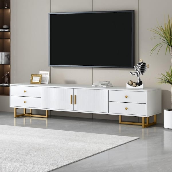 Fluted TV Stand: Matte Finish with Gold Sled Legs and Mixed Storage.
