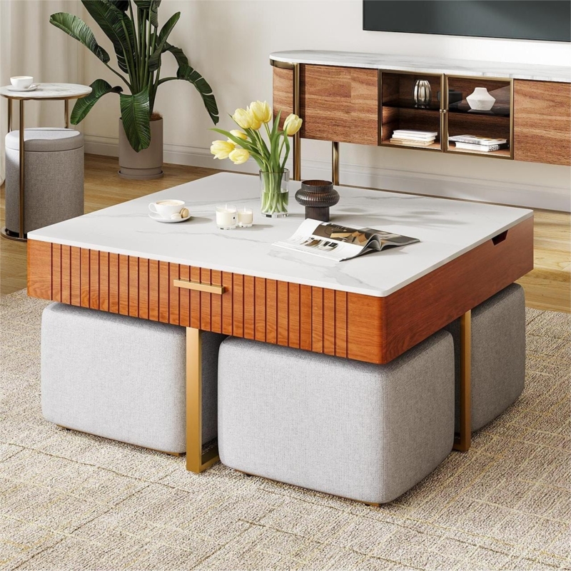 Fluted Wood Lift-Top Coffee Table with Marble Effect Surface and Drawer