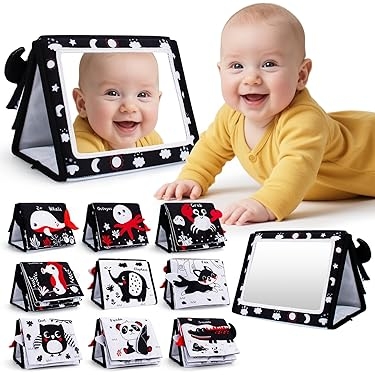Foldable Tummy Time Mirror with High Contrast Animal Illustrations
