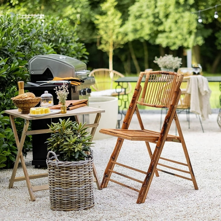 Folding Chair Natural Bamboo Slatted Back Coastal Casual Portable