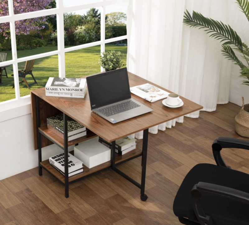 Folding Desk: Walnut Industrial Rolling Work Table Shelves (61 chars)