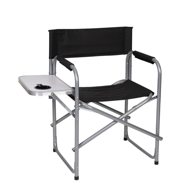 Folding Directors Chair with Side Table and Cup Holder in Silver Grey