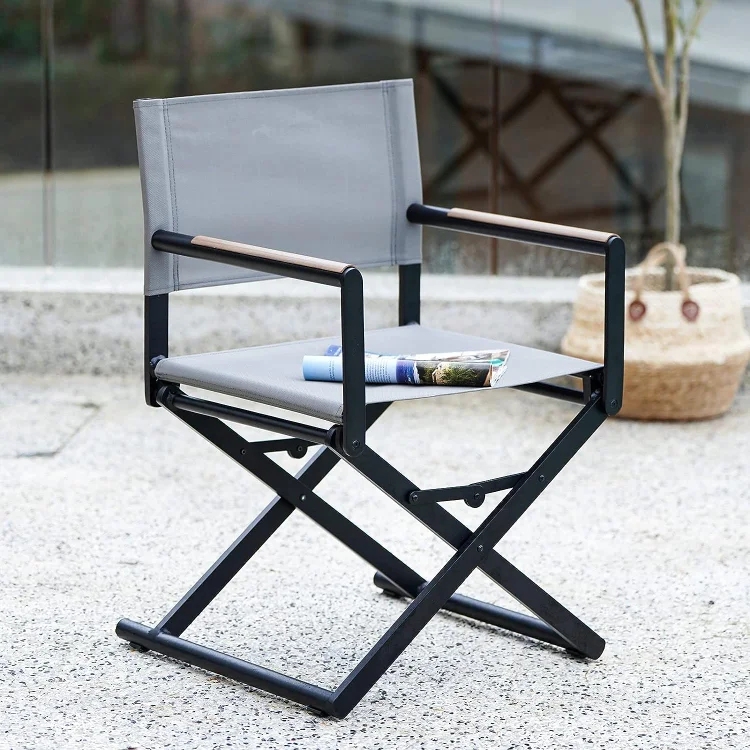 Folding Directors Chair with Slate Grey Sling and Wood Toned Armrests