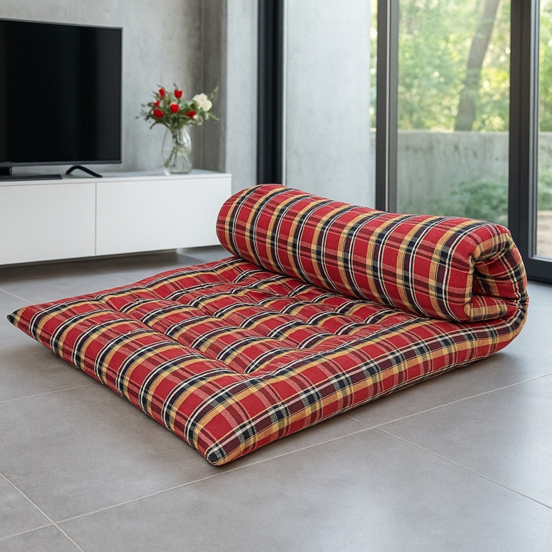 Folding Mattress: Rollable Design, Crimson Red Tartan Plaid Floor Bed