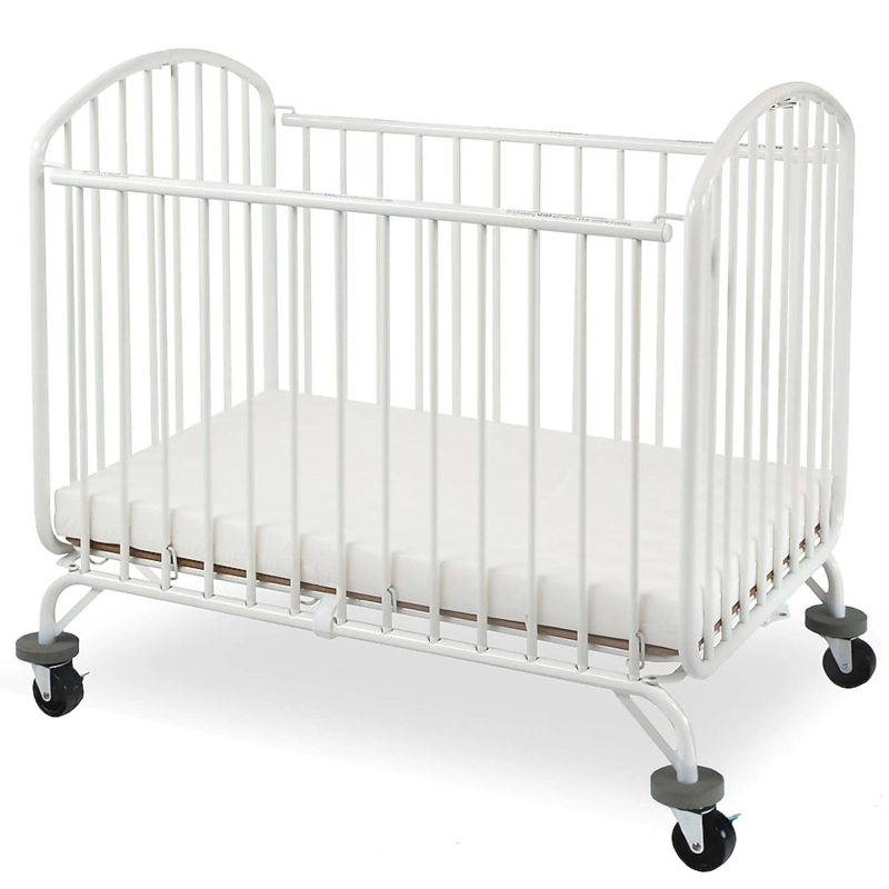 Folding Mini Crib, White Metal with Heavy Duty Casters